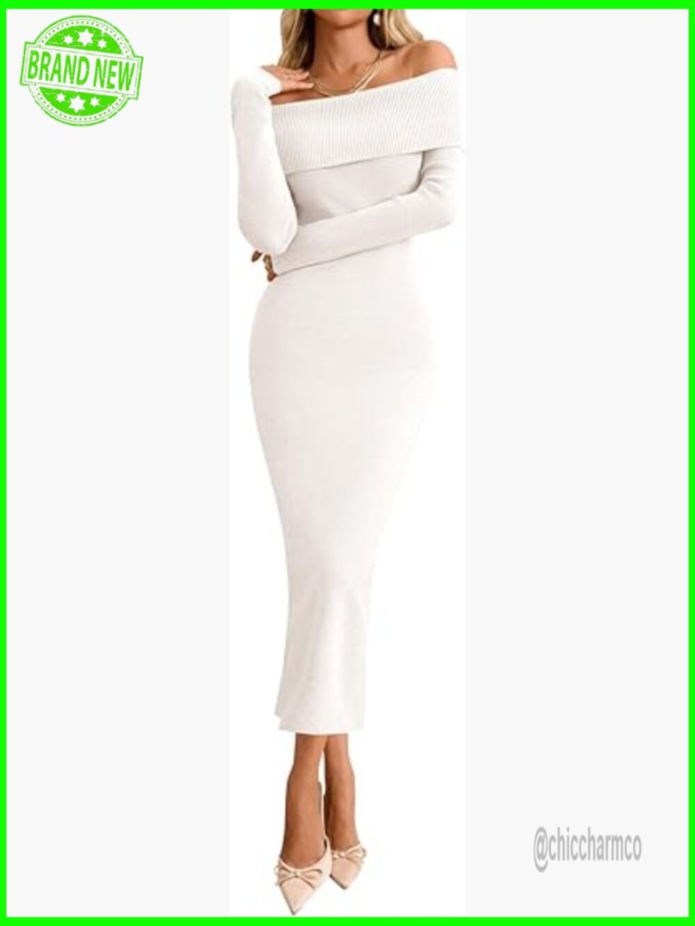 Off Shoulder Bodycon Sweater Dress Long Sleeve Midi Maxi Cocktail Party - Picture 1 of 7